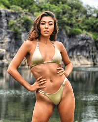 Women's reversible gold high waisted scrunch bikini bottoms with changeable straps | Divergent Swimwear