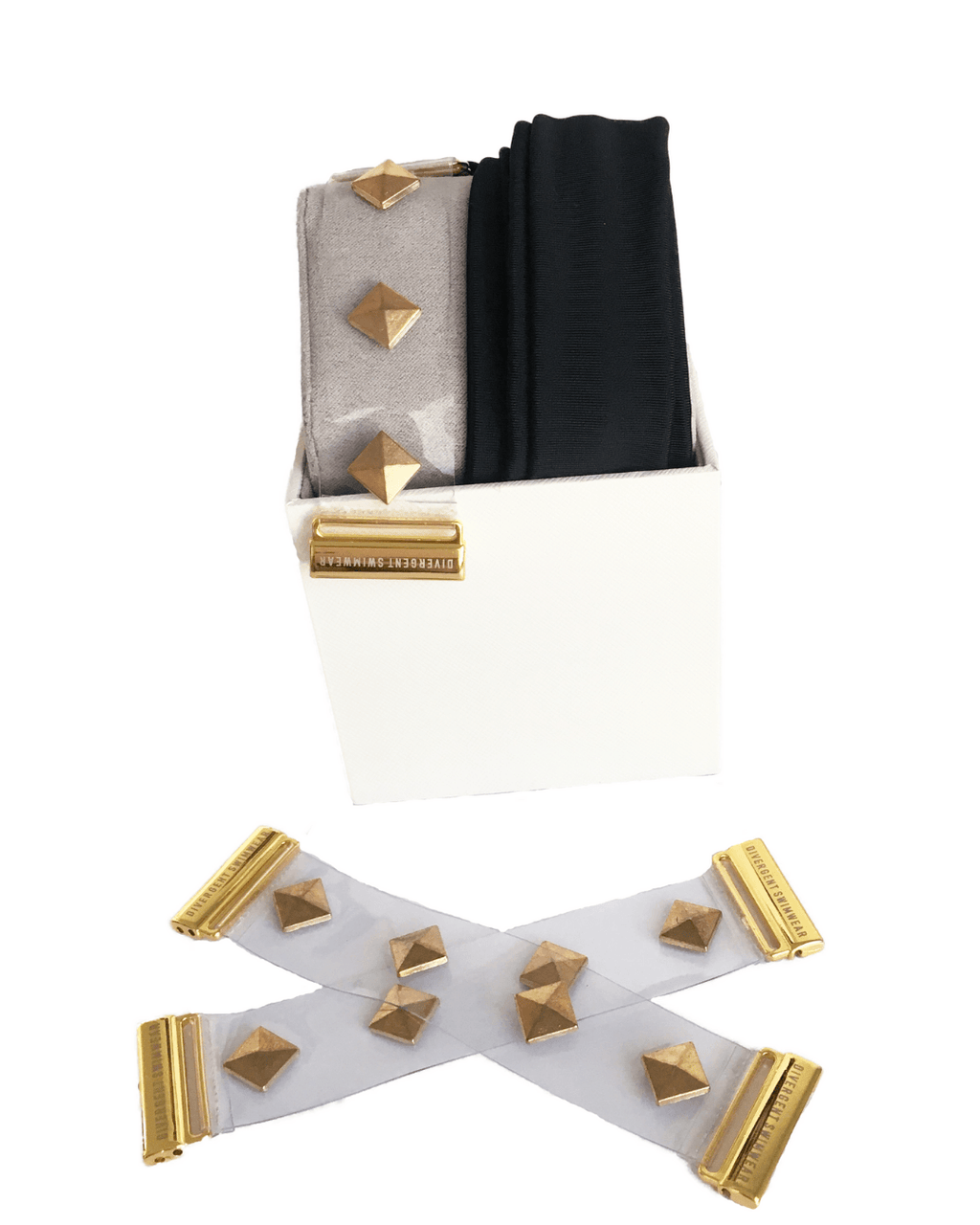 Black interchangeable bikini straps with gold pyramid studs and gold clasps | Divergent Swimwear