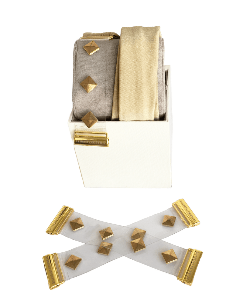 Gold interchangeable swimwear straps with gold pyramid studs and gold clasps | Divergent Swimwear