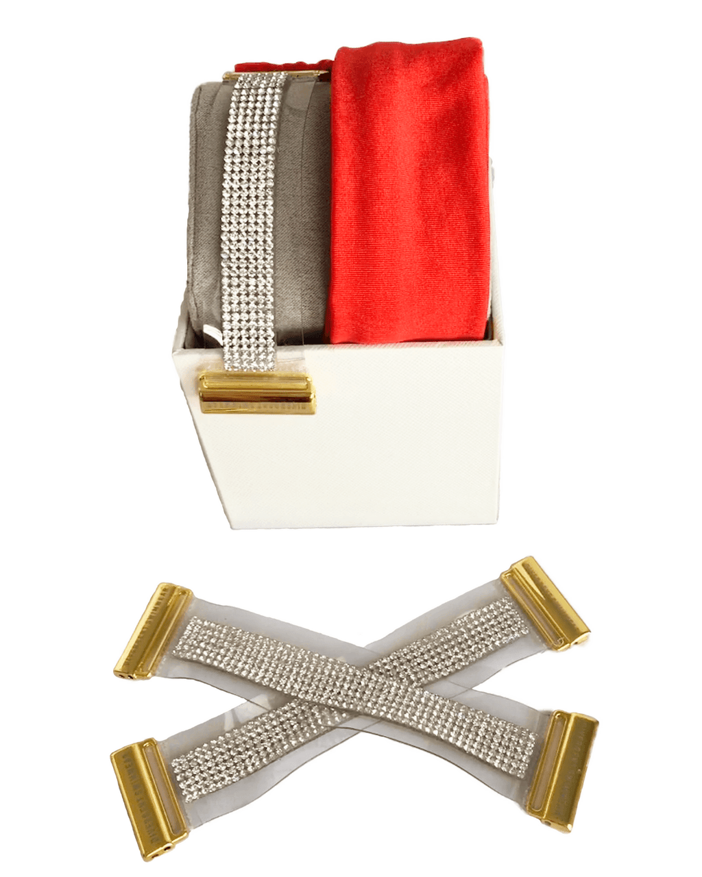 Red interchangeable swimwear straps with rhinestones and gold clasps | Divergent Swimwear