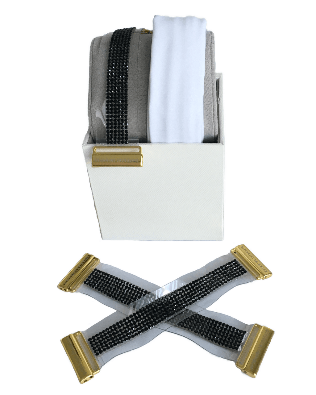 White interchangeable swimwear straps with black rhinestones and gold clasps | Divergent Swimwear