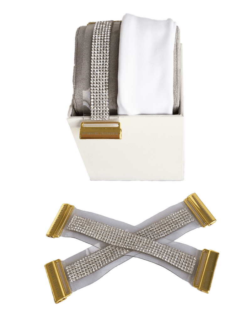 White interchangeable bikini straps with rhinestones and gold clasps | Divergent Swimwear