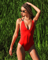 Women's reversible red plunge one piece swimsuit with changeable straps | Divergent Swimwear